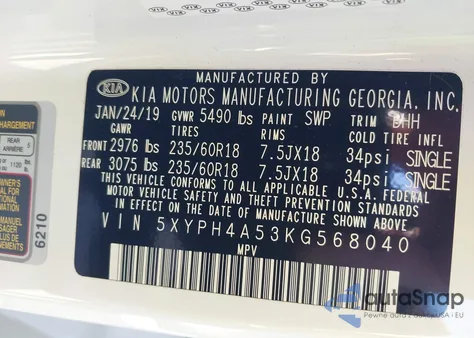 2019 Kia Sorento 3.3L Ex из США, поврежденный, VIN 5XYPH4A53KG568040